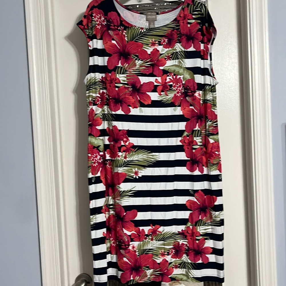 Navy Stripe Tropical Stripe Sheath Dress